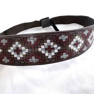 Anthropologie  Brown Leather Beaded Geometric Diamond Pattern Belt Size Small